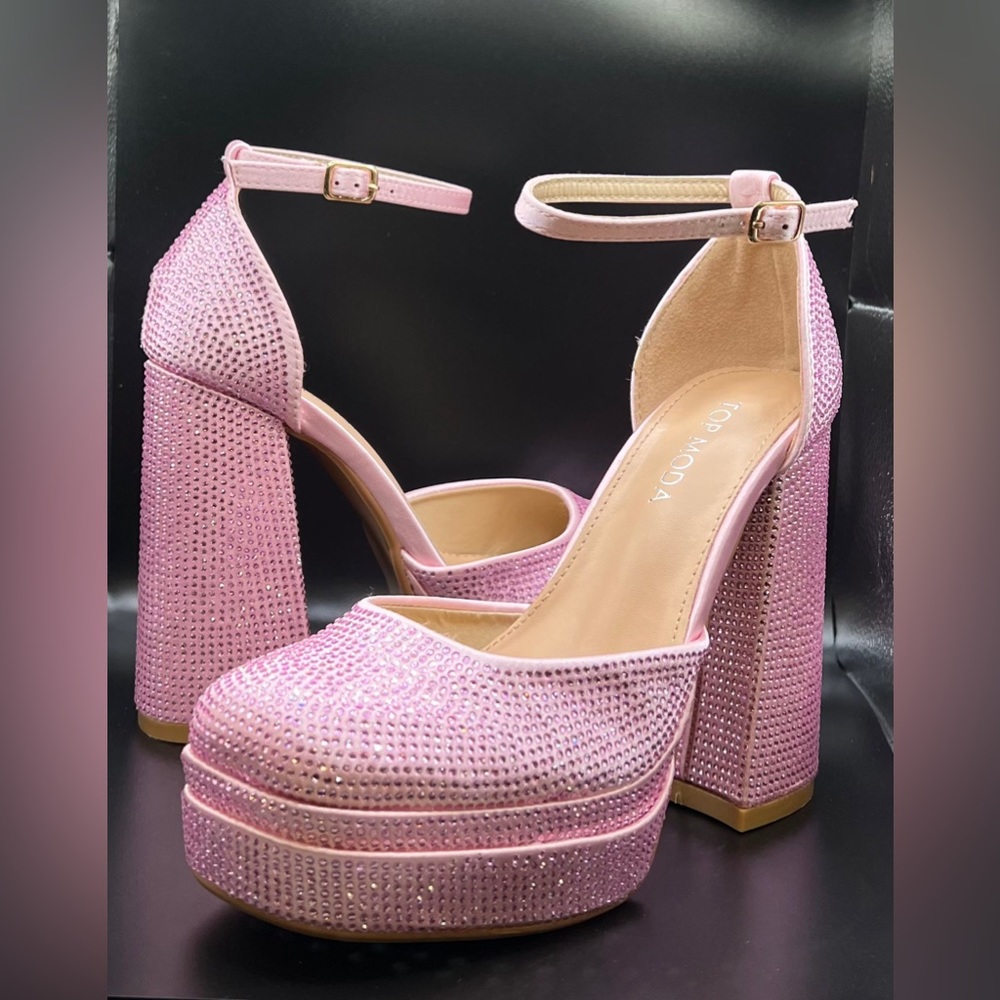 Pink satin rhinestone platform heels